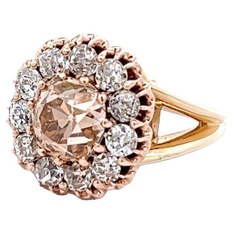 Edwardian Gia 2.37 Carat Old Mine Cut Fancy Color Diamond Rose Gold Cluster Ring 1