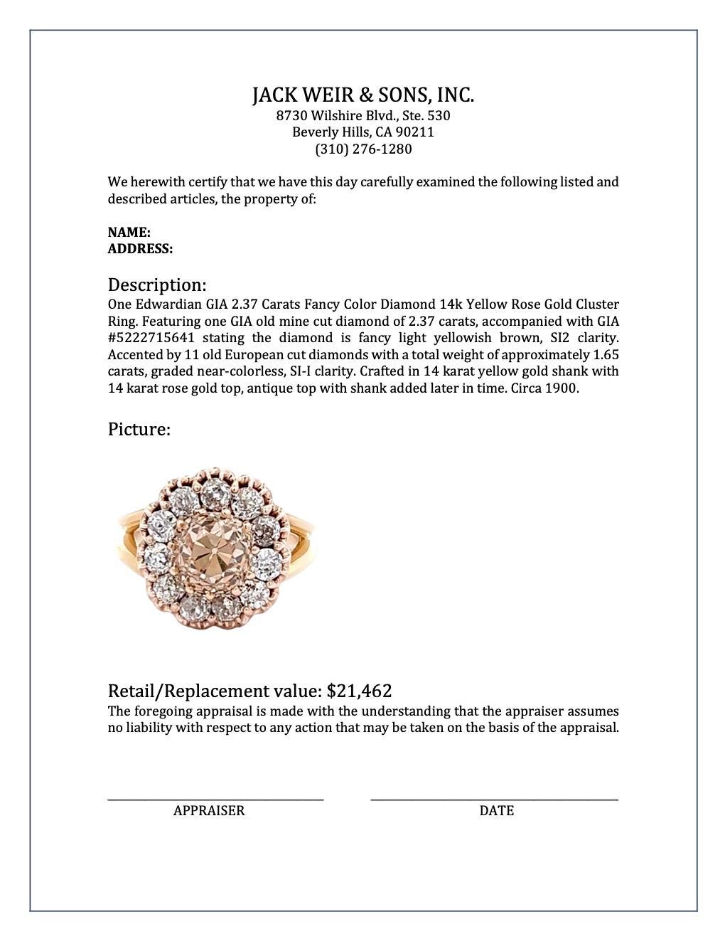 Edwardian Gia 2.37 Carat Old Mine Cut Fancy Color Diamond Rose Gold Cluster Ring 4