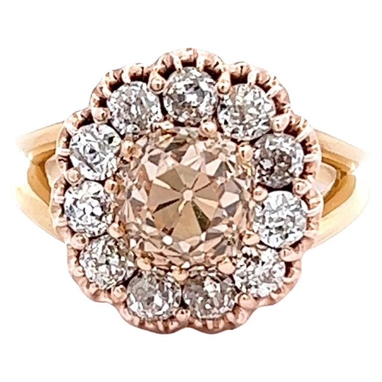 Edwardian Gia 2.37 Carat Old Mine Cut Fancy Color Diamond Rose Gold Cluster Ring