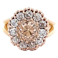 Antique Edwardian Gia 2.37 Carat Old Mine Cut Fancy Color Diamond Rose Gold Cluster Ring