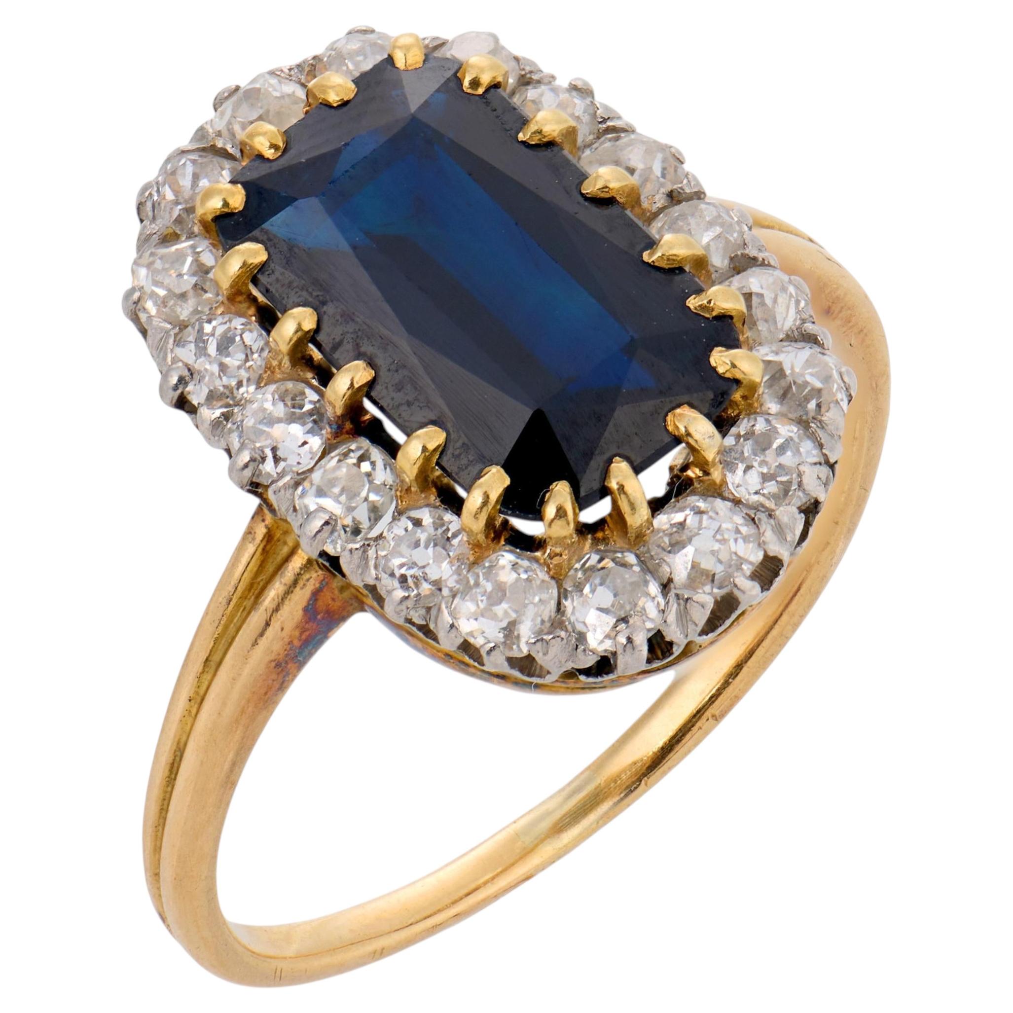 Edwardian GIA 2.40 carat no heat sapphire diamond 18k yellow gold cluster ring