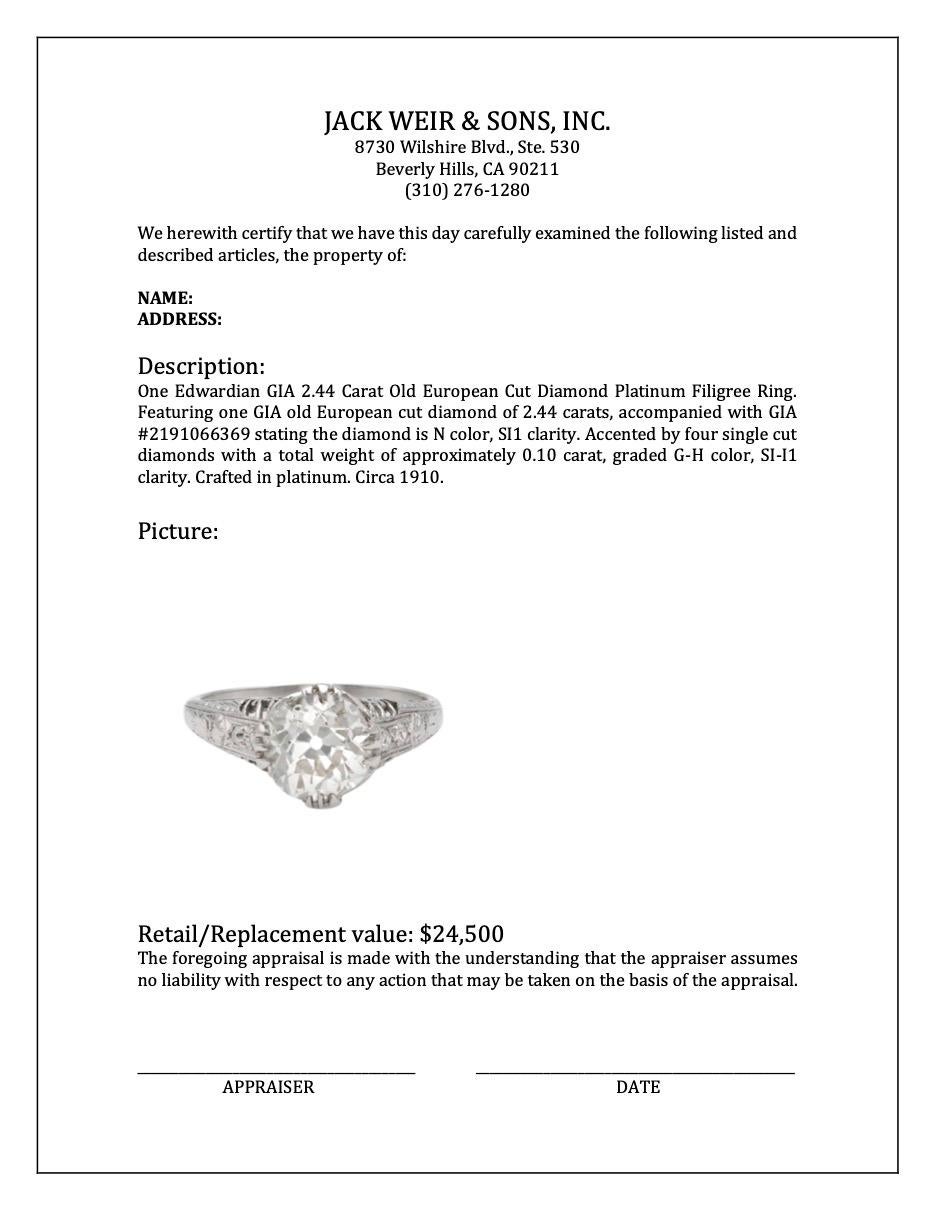 Edwardian GIA 2.44 Carat Old European Cut Diamond Platinum Filigree Ring For Sale 3