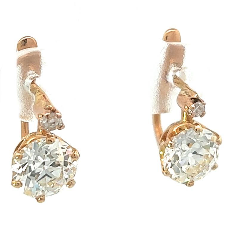 Women's or Men's Edwardian GIA 2.65 Carats Diamond 18 Karat Rose Gold Drop Earrings