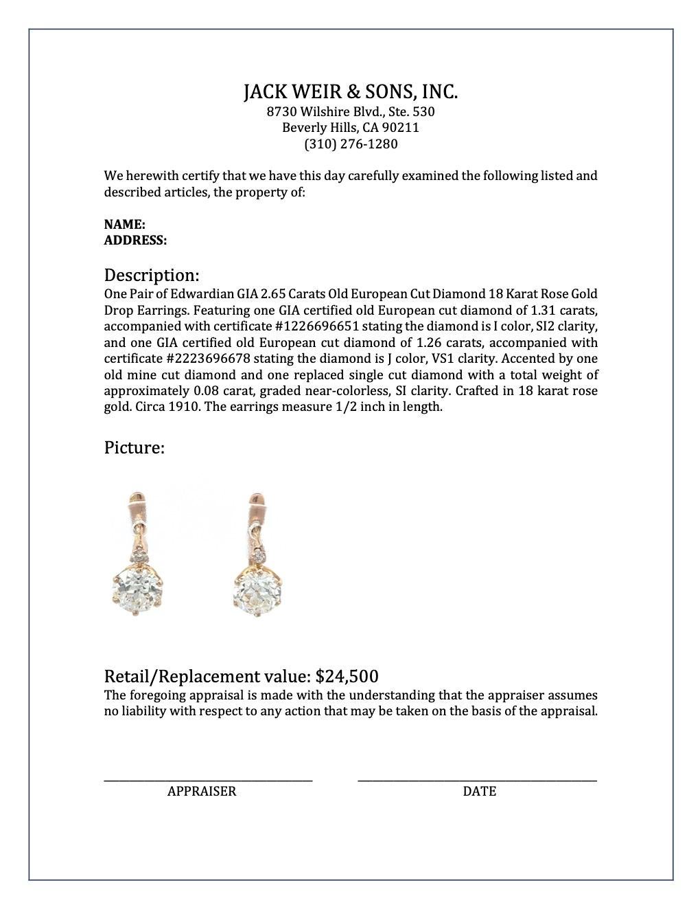 Edwardian GIA 2.65 Carats Diamond 18 Karat Rose Gold Drop Earrings 4
