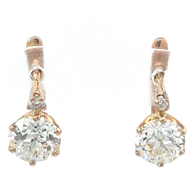 Edwardian GIA 2.65 Carats Diamond 18 Karat Rose Gold Drop Earrings