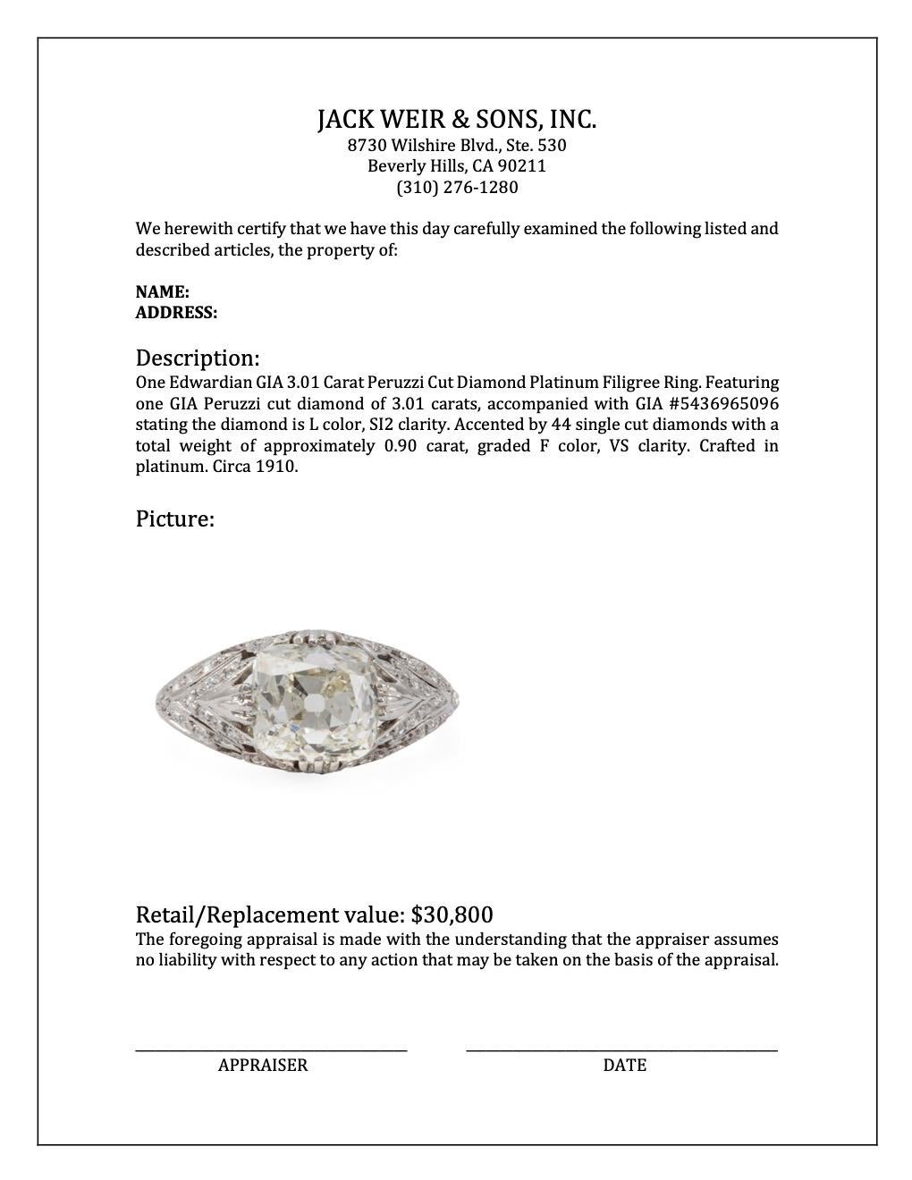 Women's or Men's Edwardian GIA 3.01 Carat Peruzzi Cut Diamond Platinum Filigree Ring