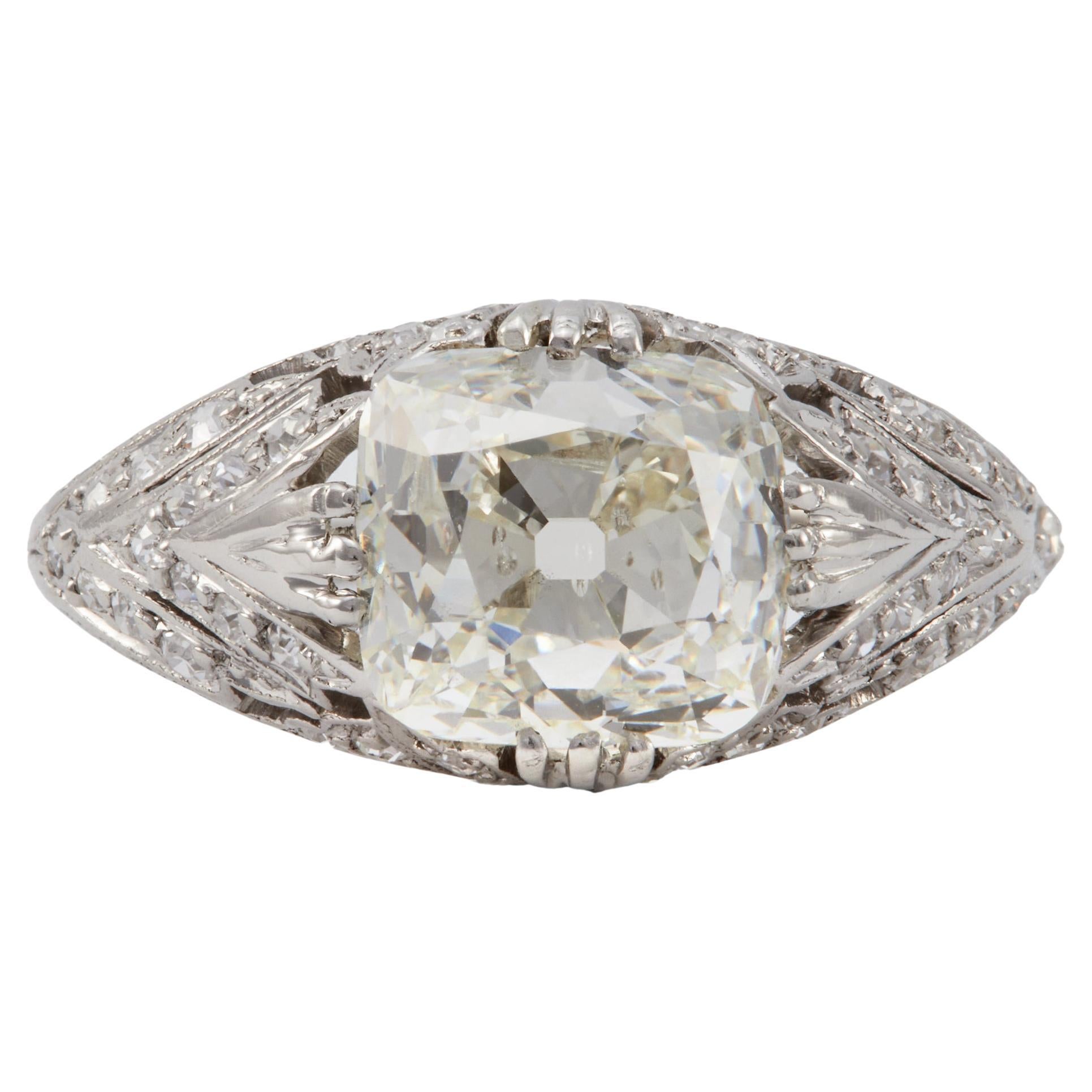 Edwardian GIA 3.01 Carat Peruzzi Cut Diamond Platinum Filigree Ring