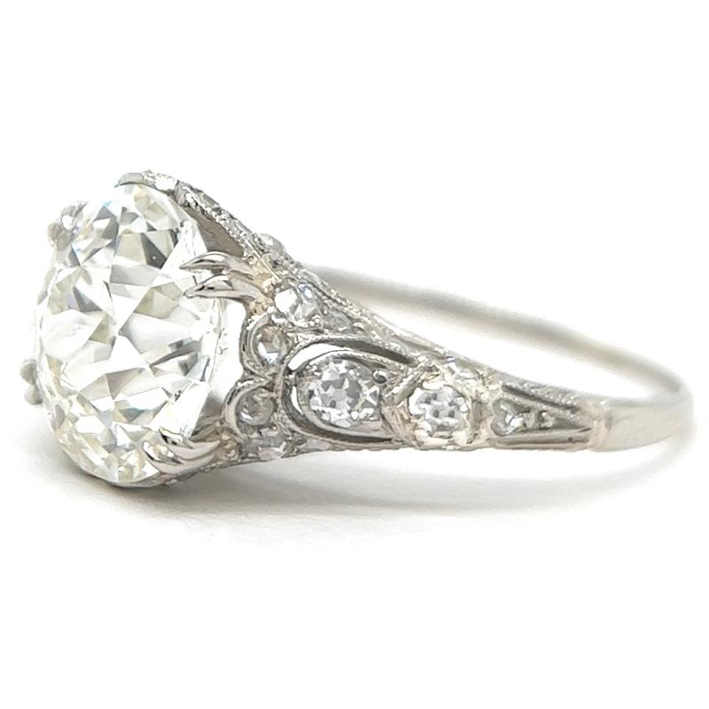 Women's Edwardian GIA 3.13 Carats Old European Cut Diamond Platinum Filigree Ring
