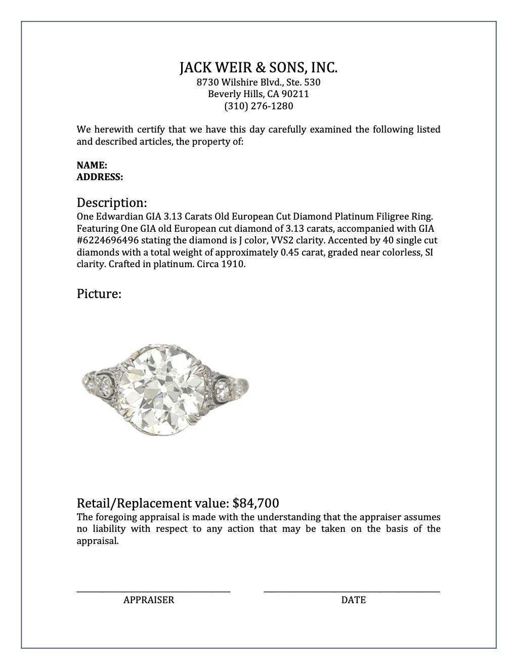 Edwardian GIA 3.13 Carats Old European Cut Diamond Platinum Filigree Ring 3