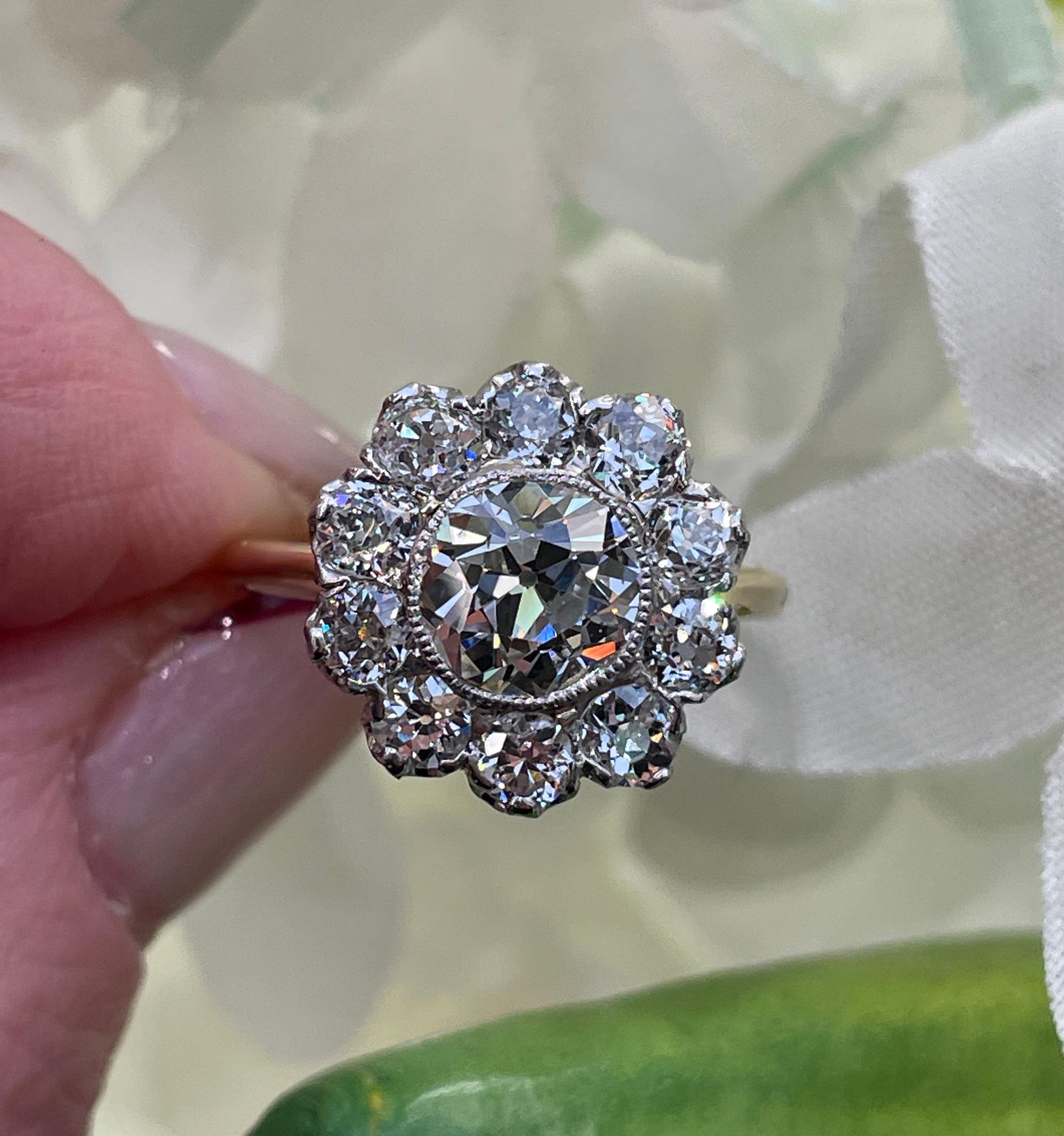 Edwardian GIA 3.17ctw Antique Old European Diamond Cocktail Cluster 18k YG Ring 6