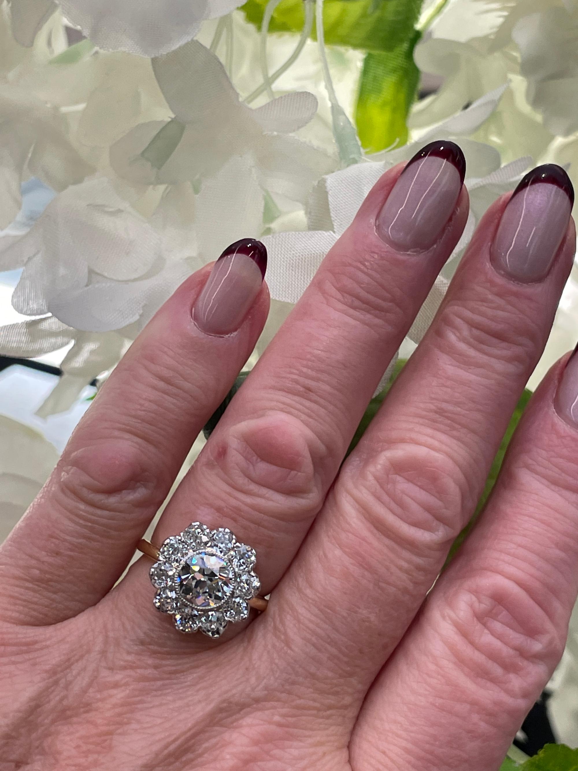 Edwardian GIA 3.17ctw Antique Old European Diamond Cocktail Cluster 18k YG Ring 7
