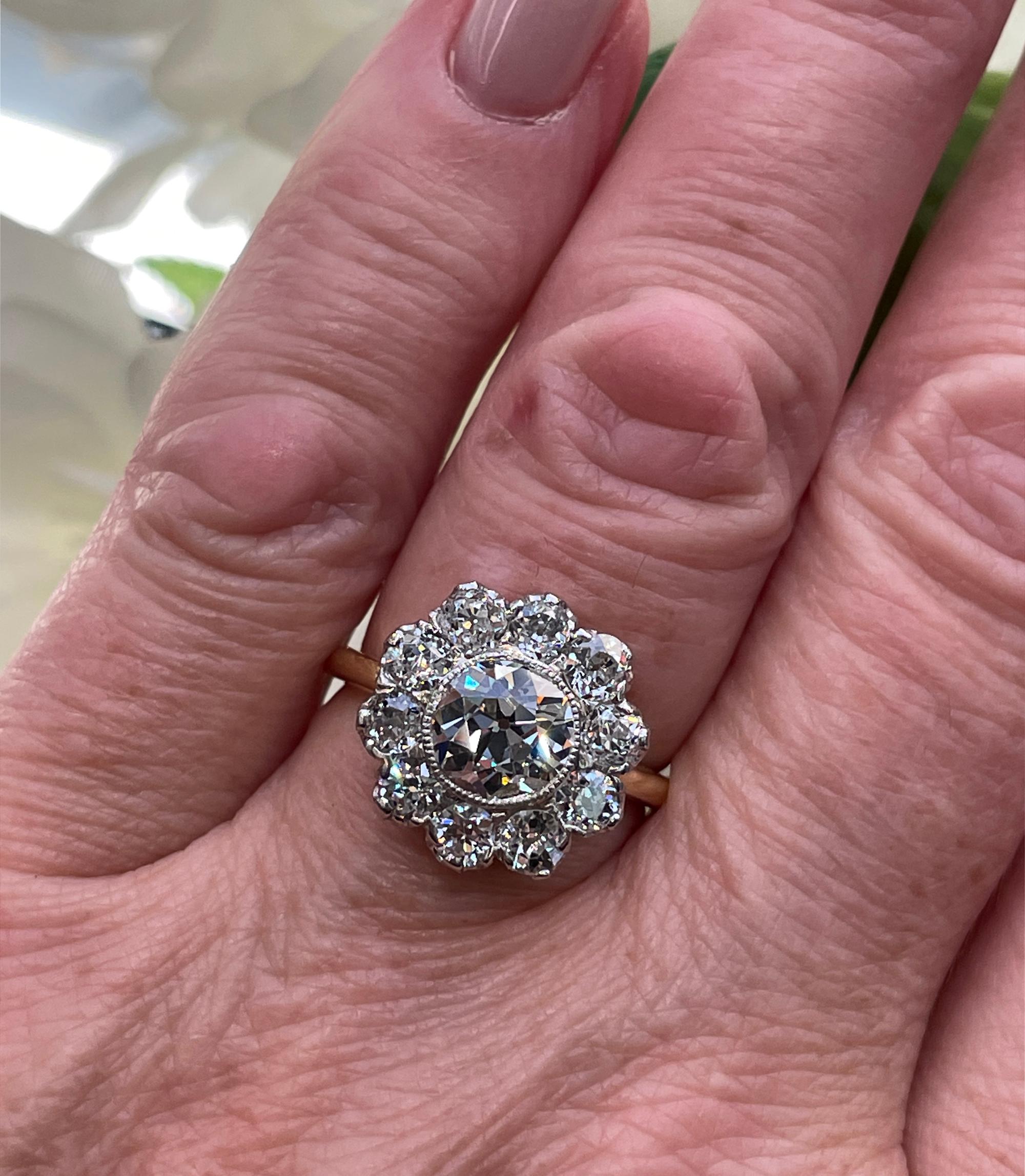 Edwardian GIA 3.17ctw Antique Old European Diamond Cocktail Cluster 18k YG Ring 8