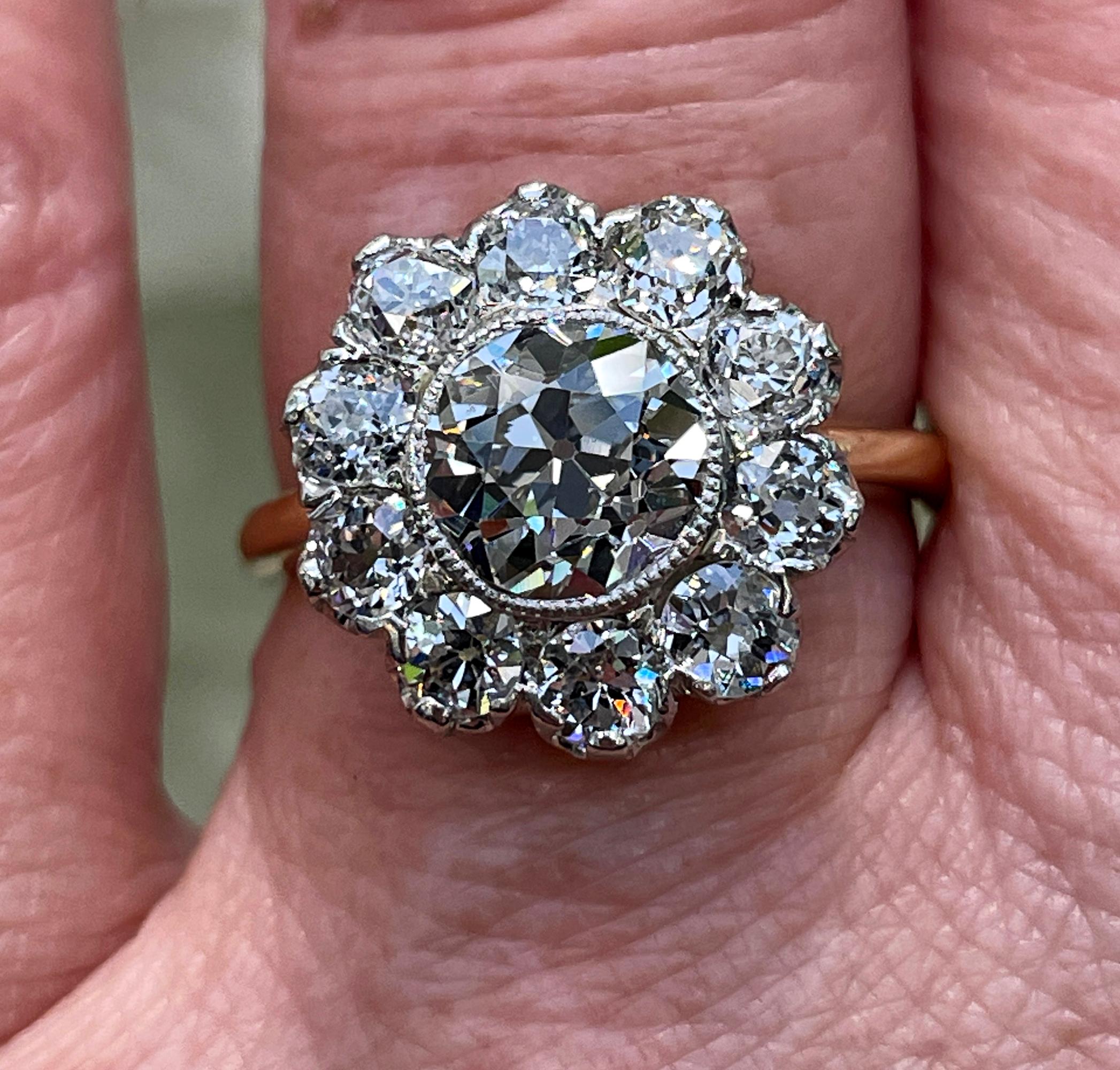 Edwardian GIA 3.17ctw Antique Old European Diamond Cocktail Cluster 18k YG Ring 9