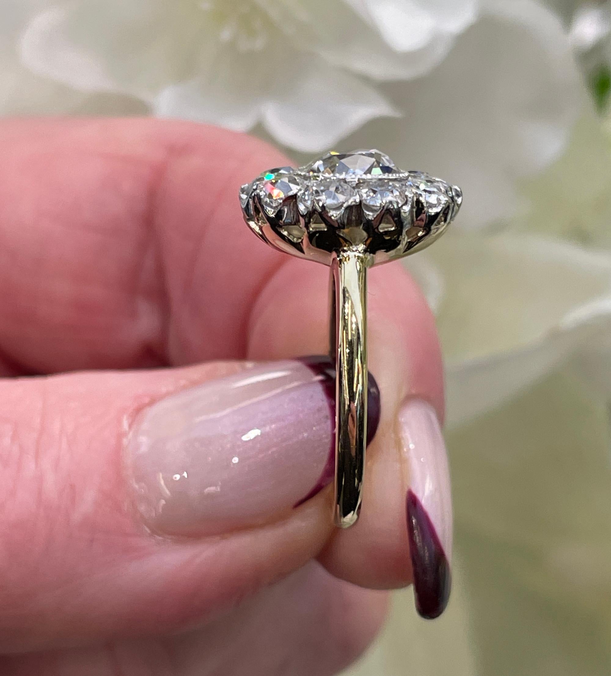 Edwardian GIA 3.17ctw Antique Old European Diamond Cocktail Cluster 18k YG Ring 10