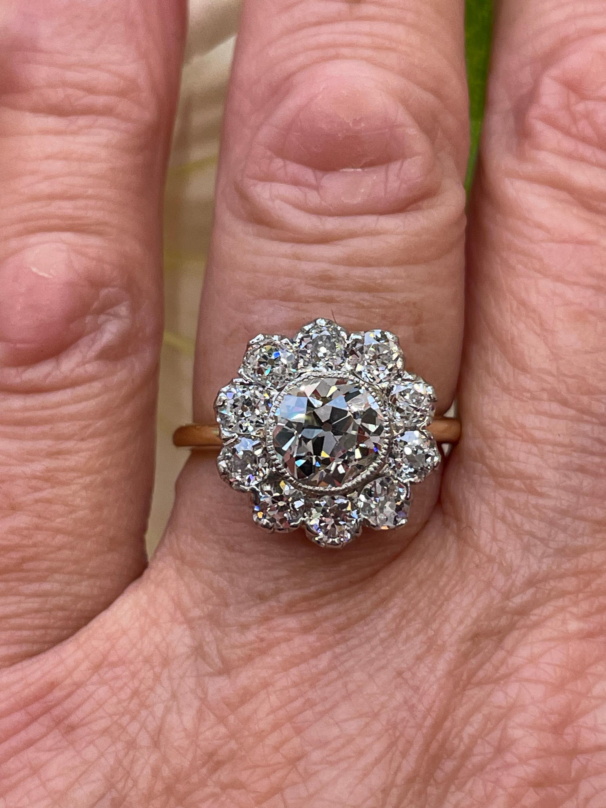 Edwardian GIA 3.17ctw Antique Old European Diamond Cocktail Cluster 18k YG Ring 11