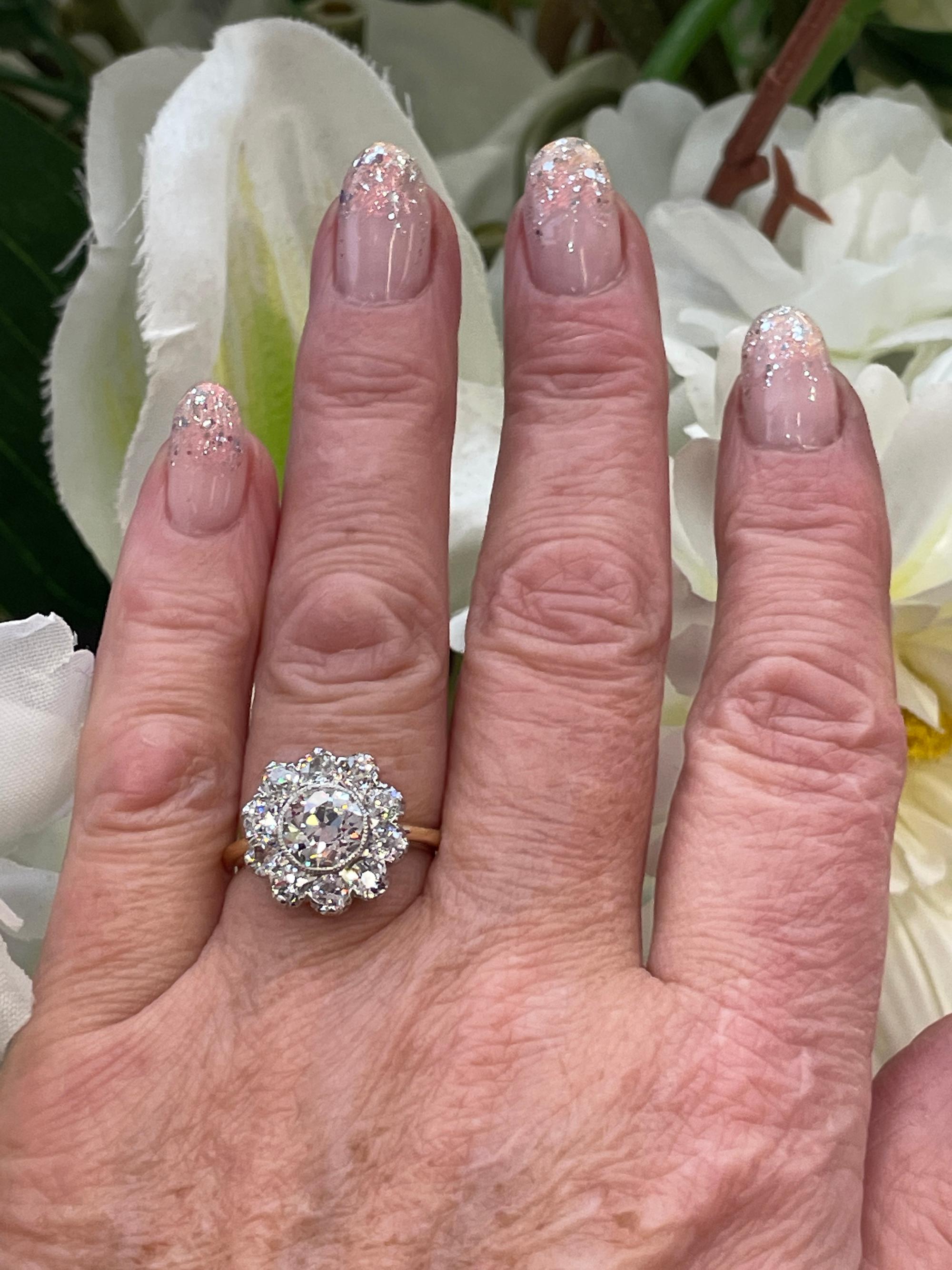 Edwardian GIA 3.17ctw Antique Old European Diamond Cocktail Cluster 18k YG Ring 12