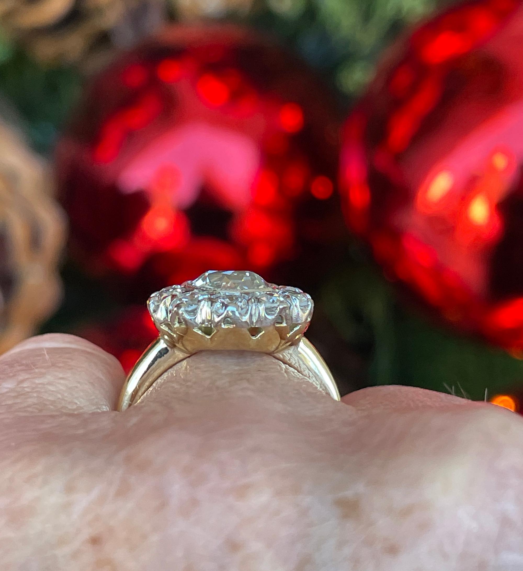 Edwardian GIA 3.17ctw Antique Old European Diamond Cocktail Cluster 18k YG Ring 13