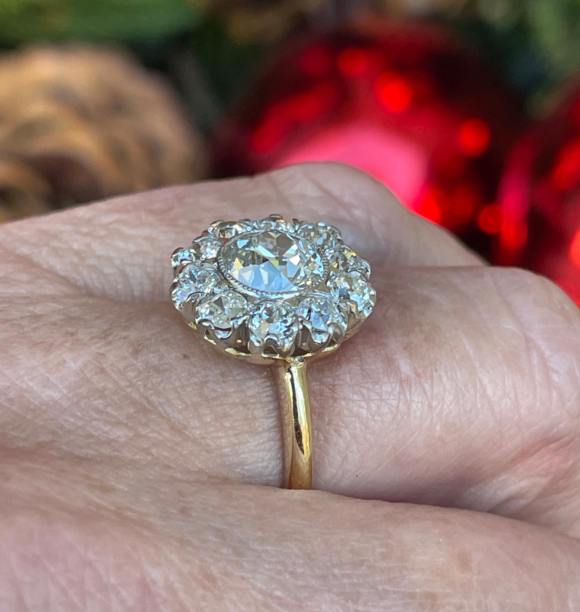 Edwardian GIA 3.17ctw Antique Old European Diamond Cocktail Cluster 18k YG Ring 14