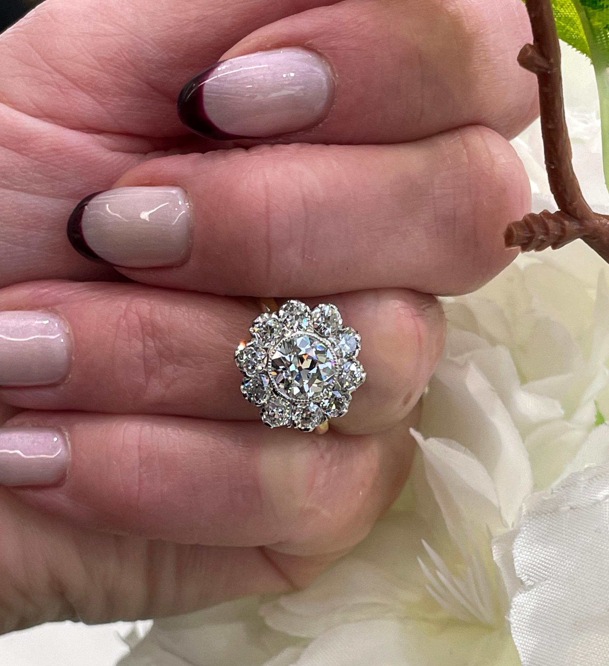 Edwardian GIA 3.17ctw Antique Old European Diamond Cocktail Cluster 18k YG Ring 15