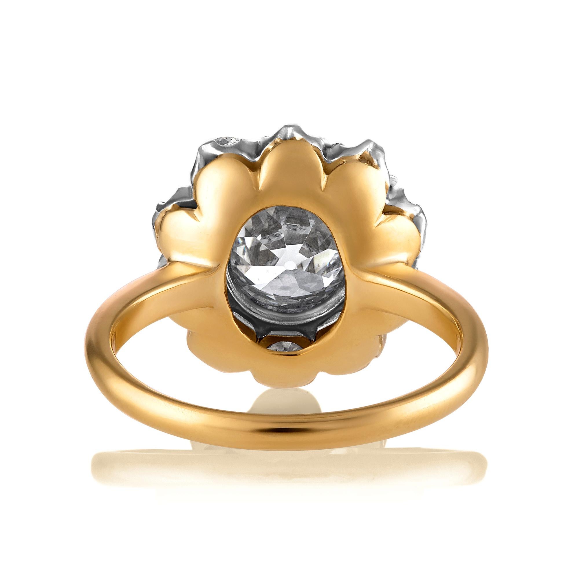 Women's Edwardian GIA 3.17ctw Antique Old European Diamond Cocktail Cluster 18k YG Ring For Sale