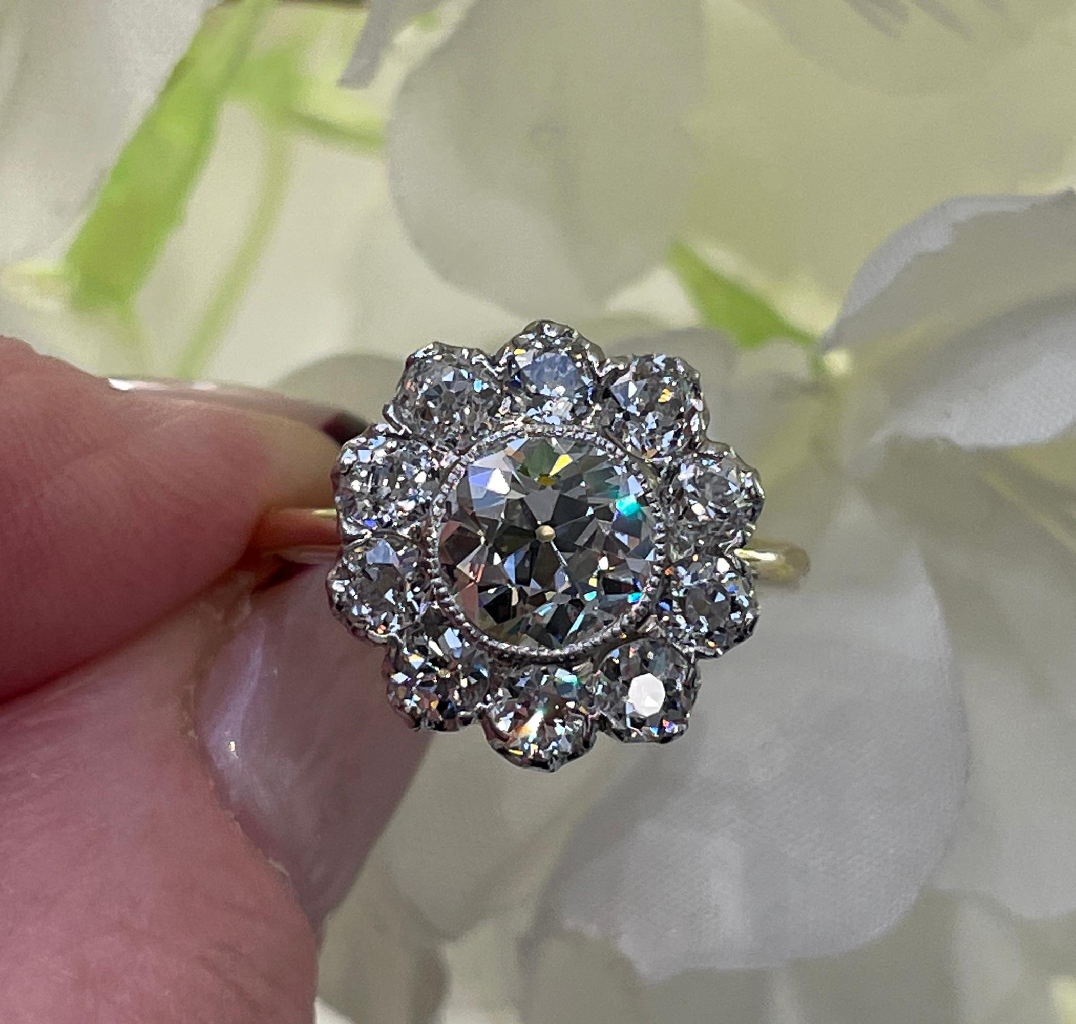 Edwardian GIA 3.17ctw Antique Old European Diamond Cocktail Cluster 18k YG Ring 4