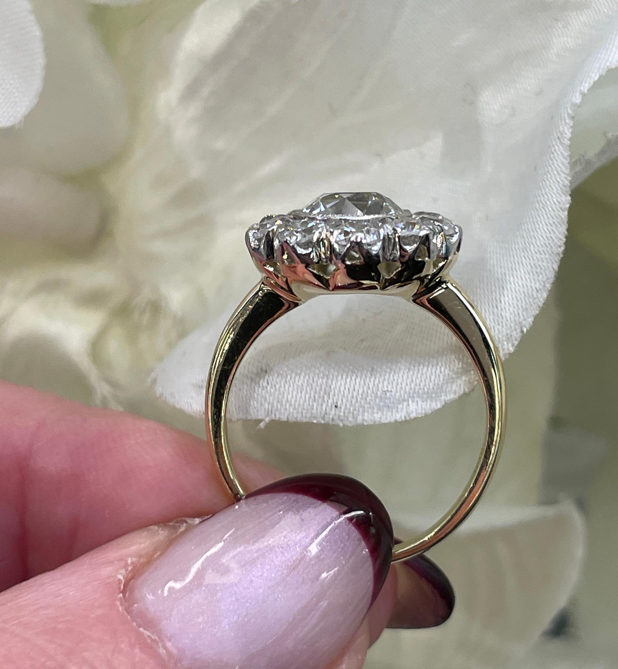 Edwardian GIA 3.17ctw Antique Old European Diamond Cocktail Cluster 18k YG Ring 5