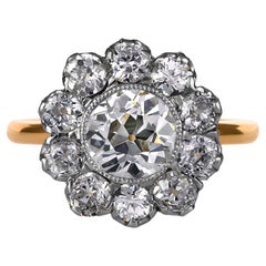 Anello edoardiano GIA da 3,17 carati con diamante antico europeo a grappolo 18k YG