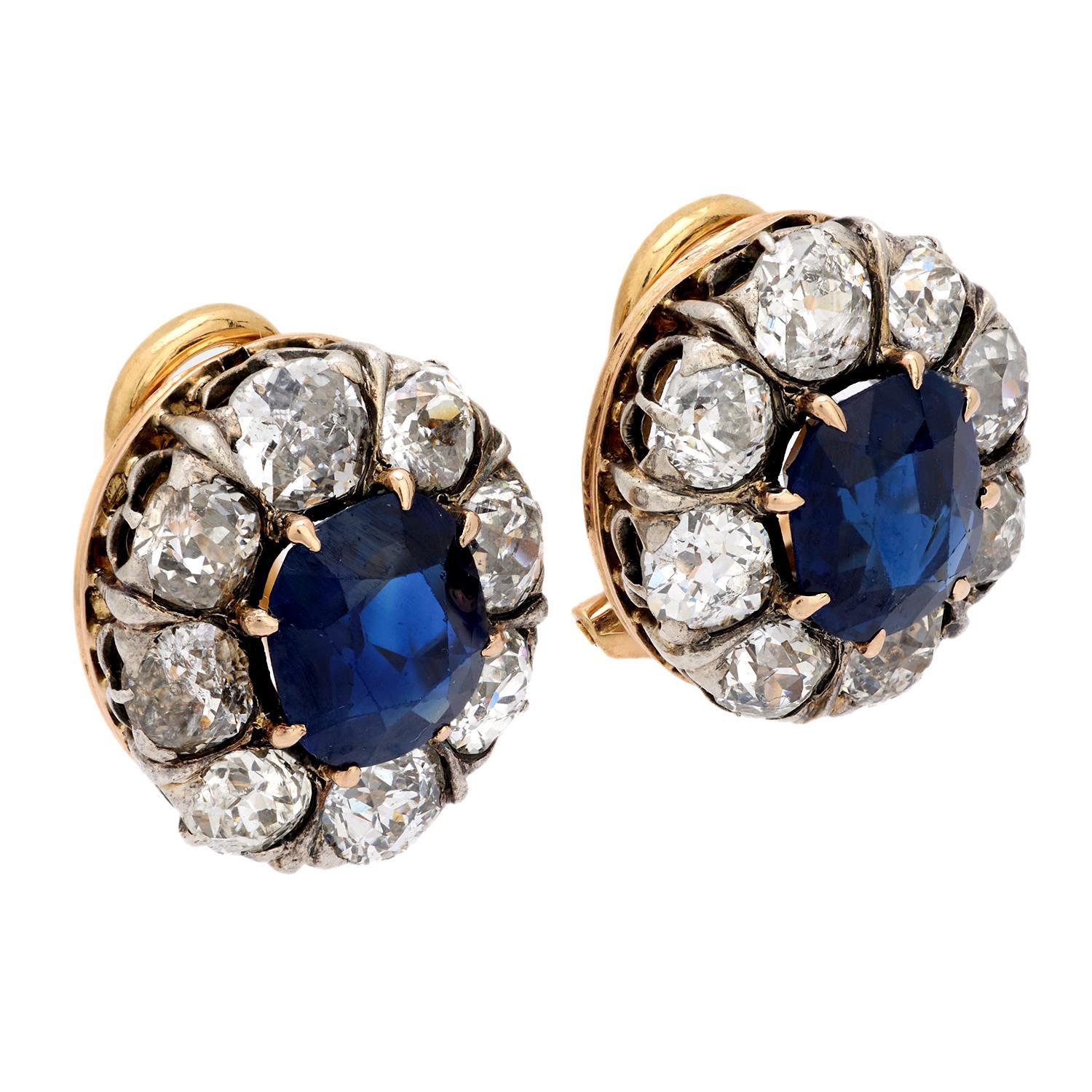 Édouardien Boucles d'oreilles édouardiennes en or jaune et argent GIA 3,45 carats saphir diamant 18k en vente