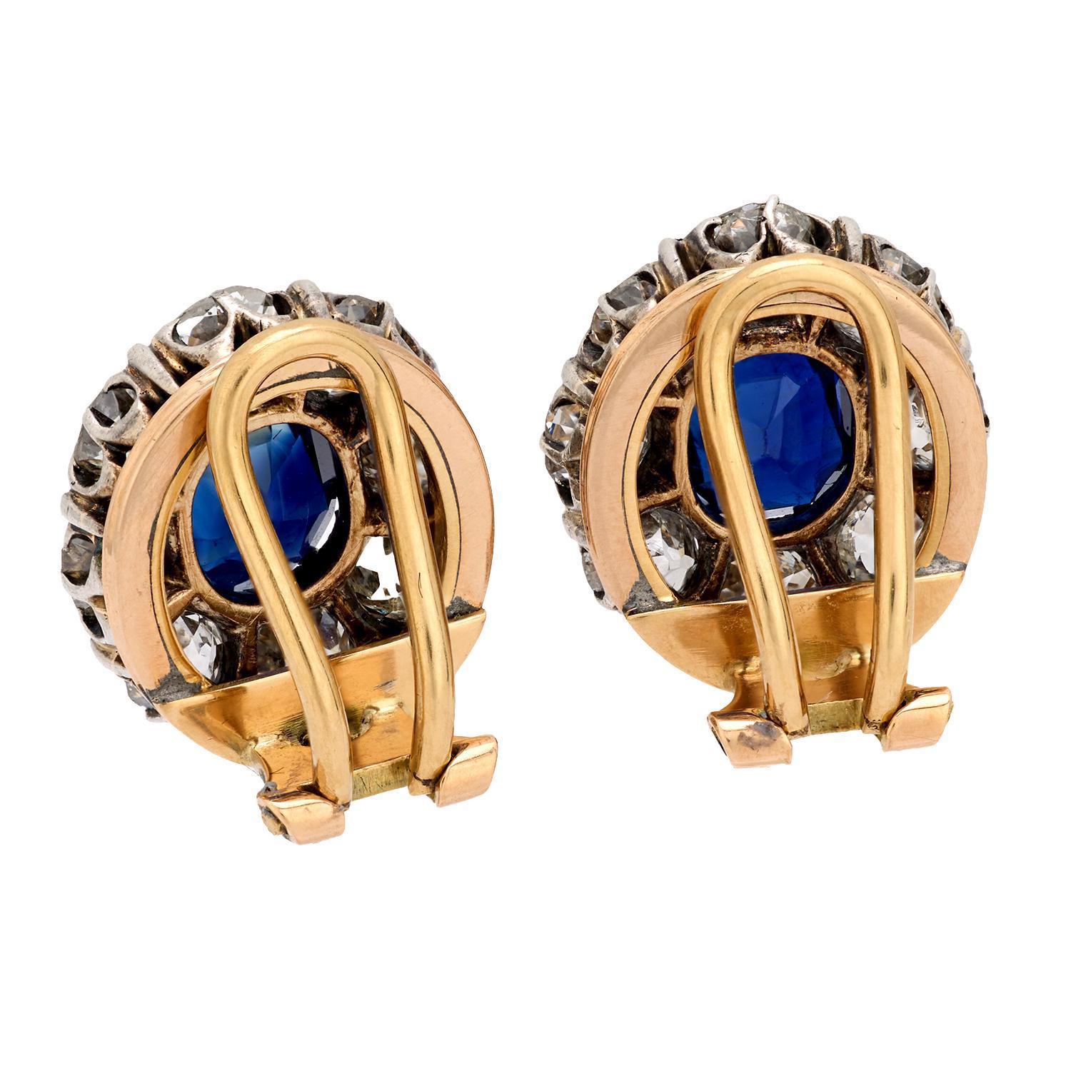 Boucles d'oreilles édouardiennes en or jaune et argent GIA 3,45 carats saphir diamant 18k Bon état - En vente à Beverly Hills, CA