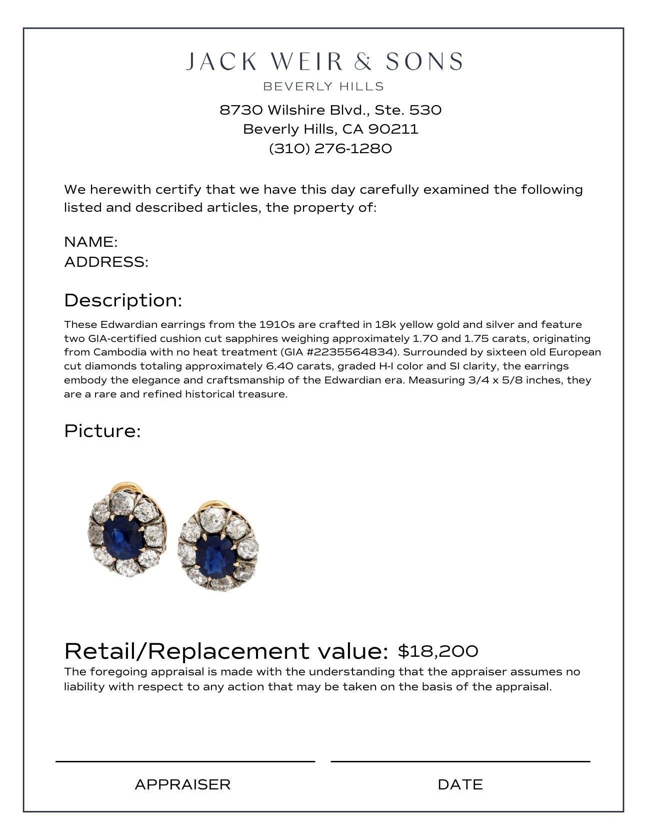 Boucles d'oreilles édouardiennes en or jaune et argent GIA 3,45 carats saphir diamant 18k Pour femmes en vente