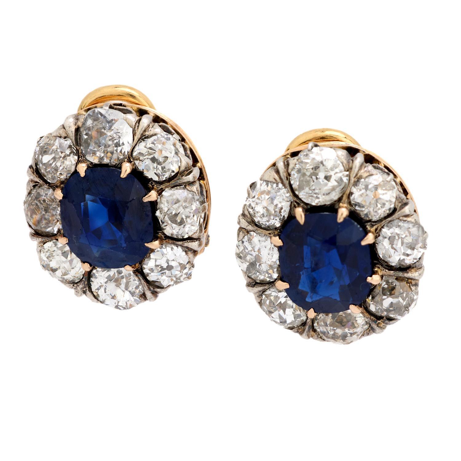 Edwardian GIA 3.45 carat sapphire diamond 18k yellow gold and silver earrings