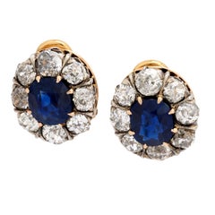 Antique Edwardian GIA 3.45 carat sapphire diamond 18k yellow gold and silver earrings