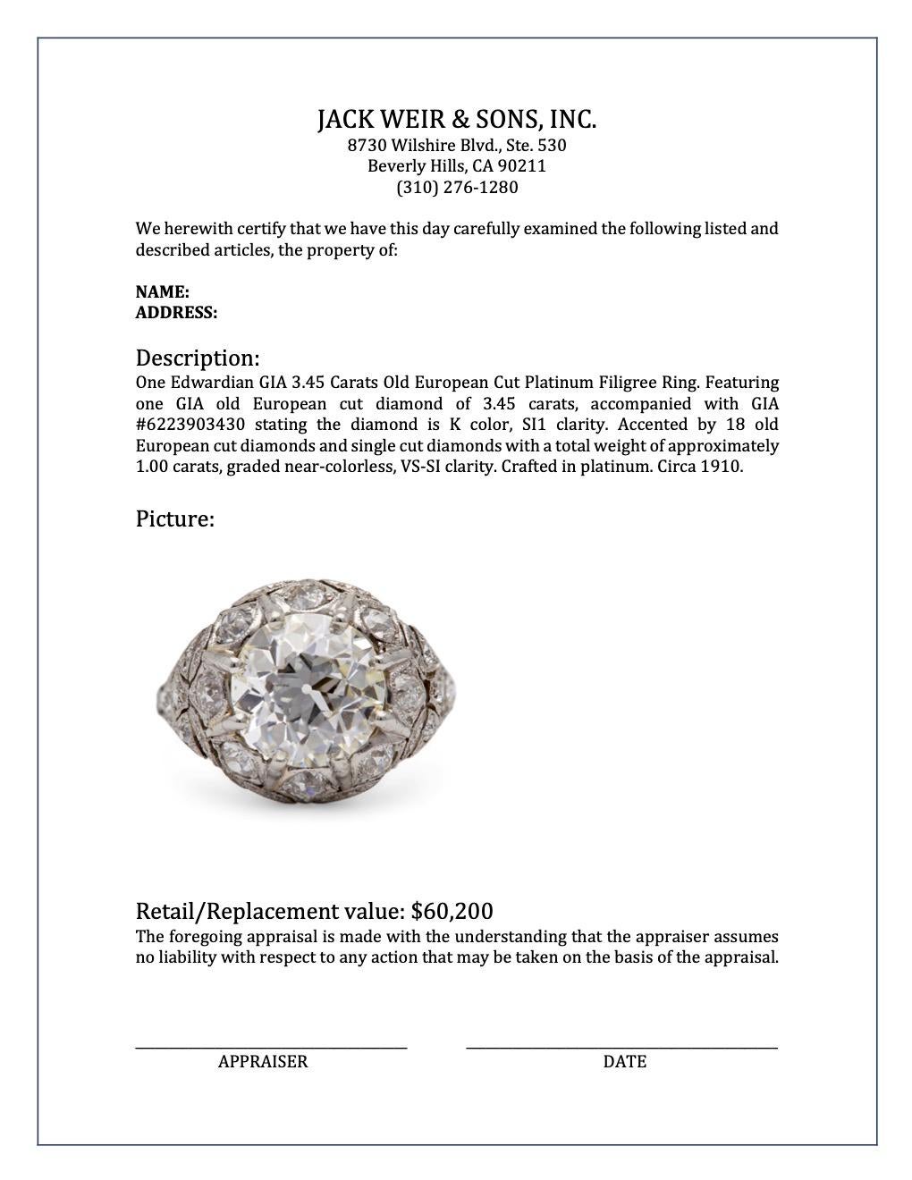 Edwardian GIA 3.45 Carats Old European Cut Platinum Filigree Ring For Sale 2