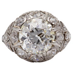 Edwardian GIA 3.45 Carats Old European Cut Platinum Filigree Ring