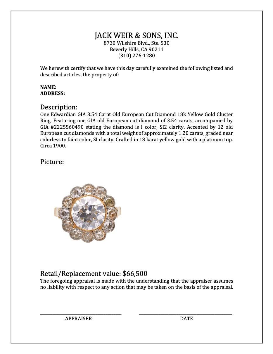 Edwardian GIA 3.54 Carat Old European Cut Diamond 18k Yellow Gold Cluster Ring For Sale 4