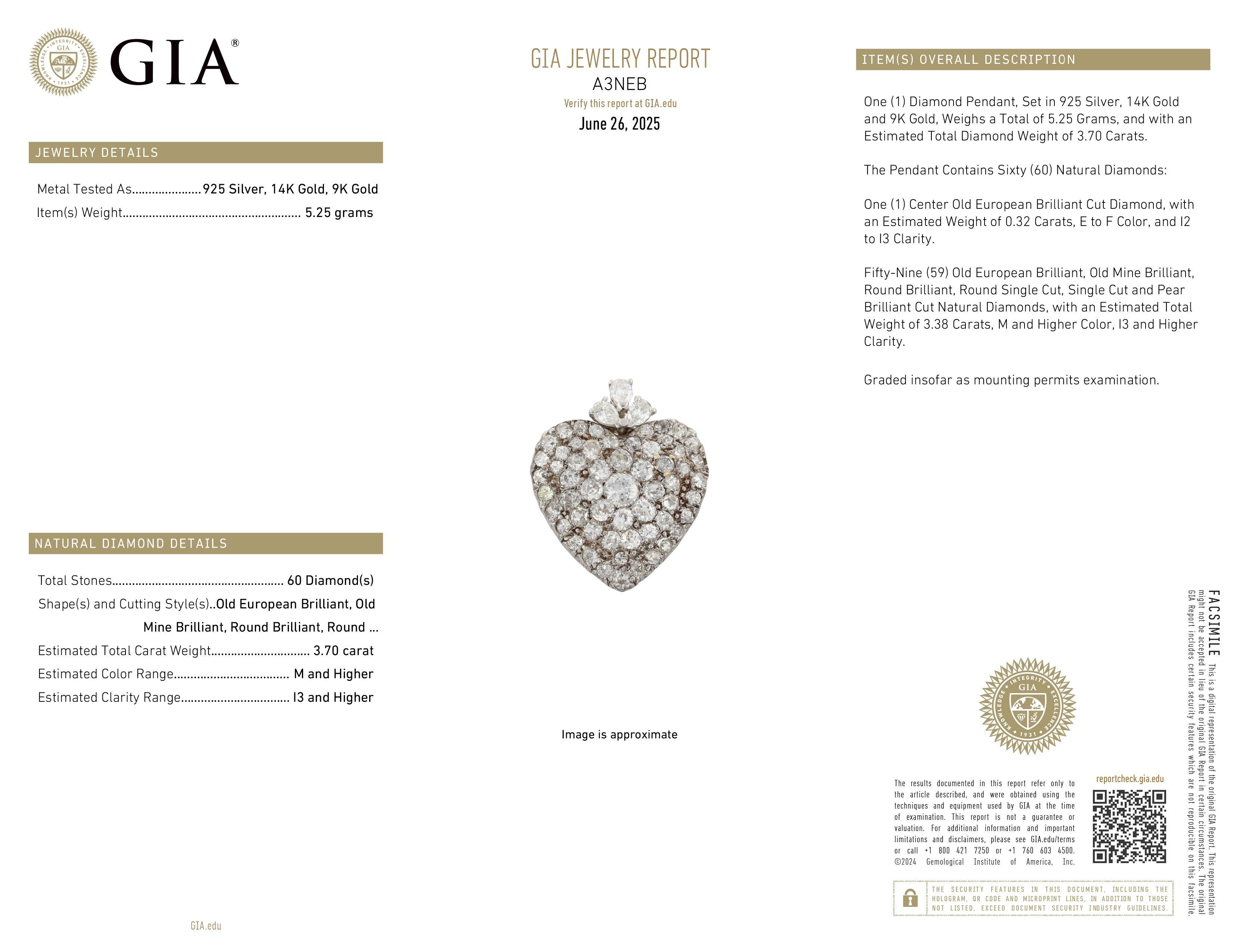 Edwardian GIA 3.70ctw Old Euro Old Mine & Pear Shaped DIAMOND Heart Gold Pendant im Zustand „Gut“ im Angebot in New York, NY