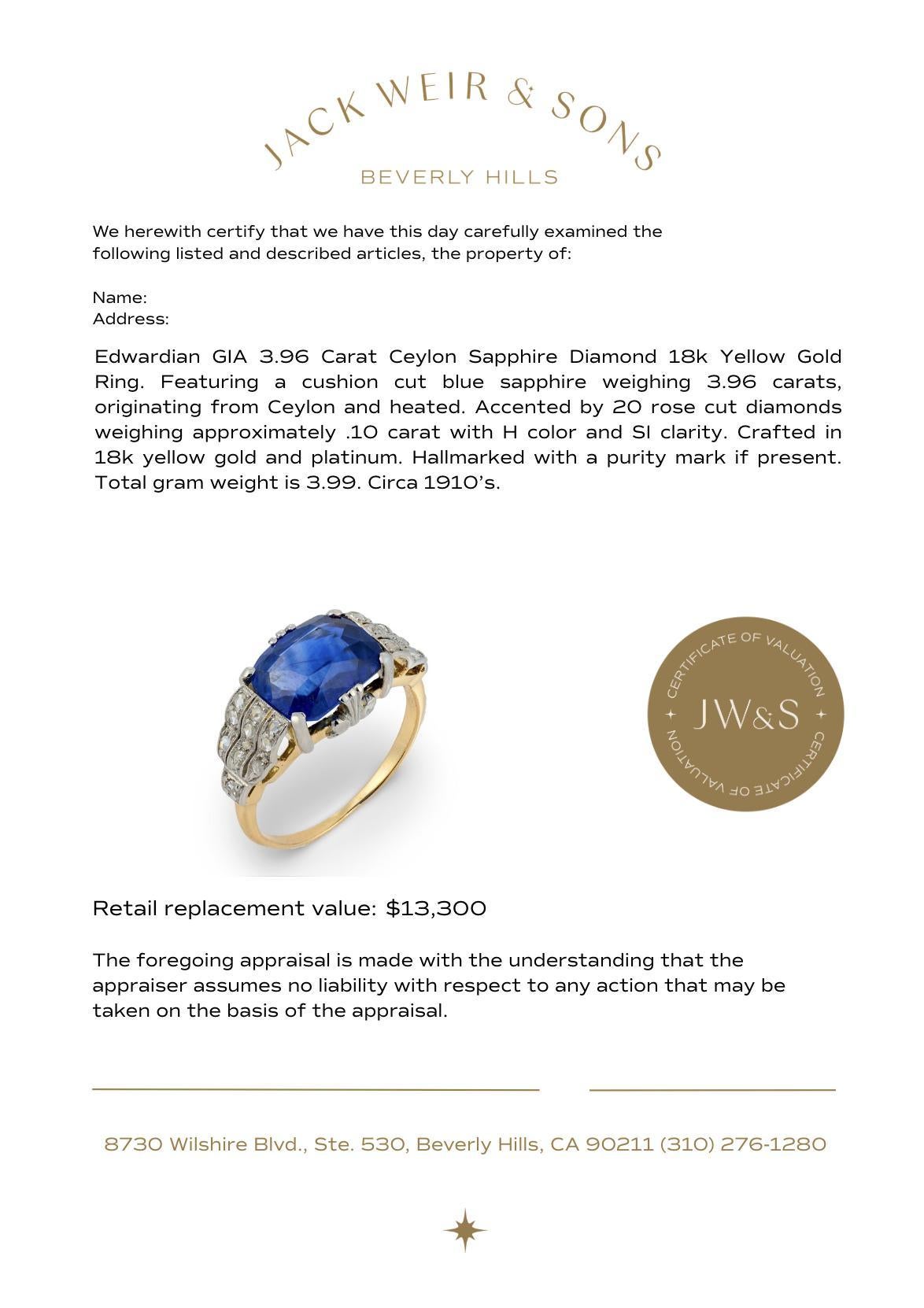 Bague d'époque GIA 3,96 carats saphir de Ceylan diamant en or jaune 18k en vente 2