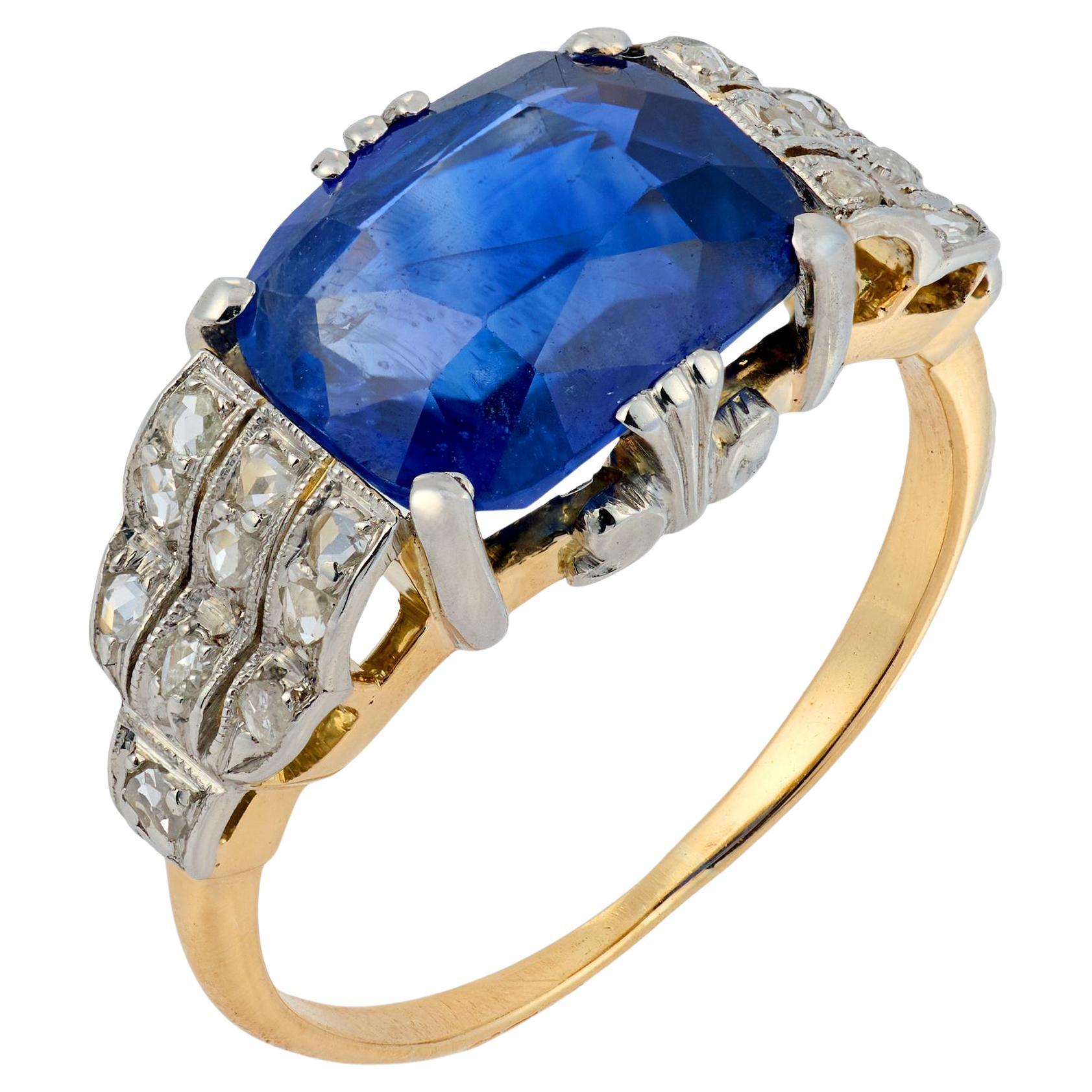 Edwardian GIA 3.96 carat Ceylon sapphire diamond 18k yellow gold ring
