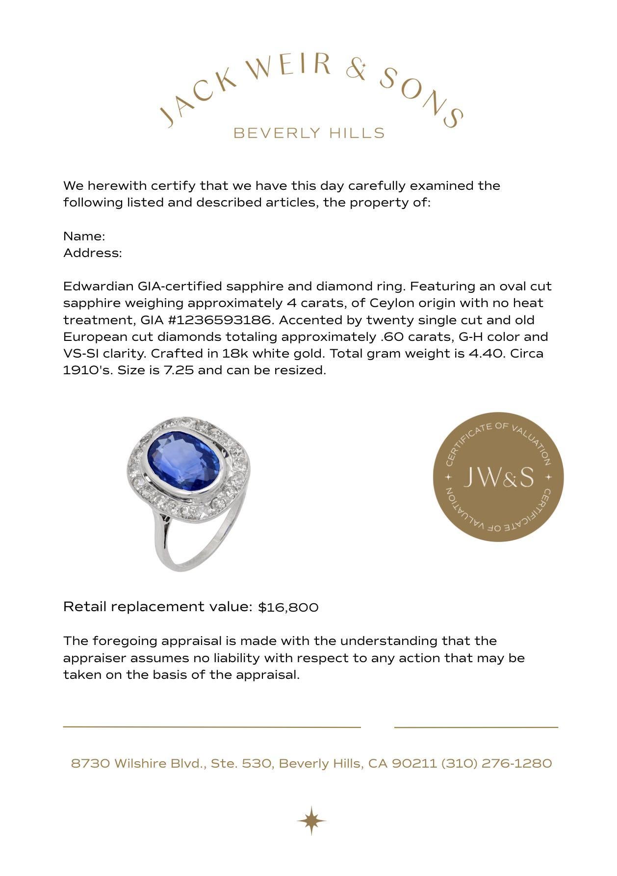 Edwardian GIA 4 carat no heat sapphire diamond 18k white gold cluster ring in vendita 1