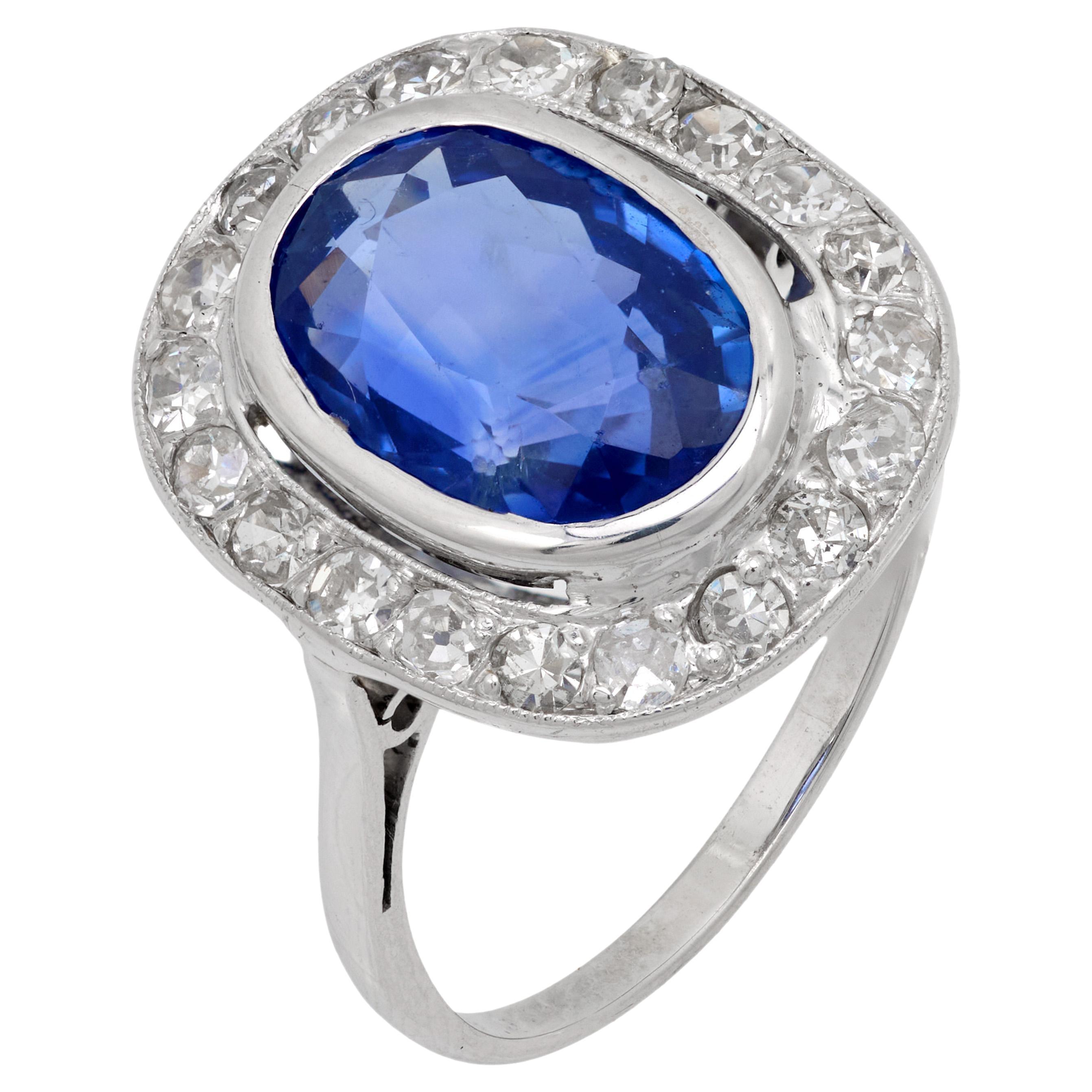 Edwardian GIA 4 carat no heat sapphire diamond 18k white gold cluster ring