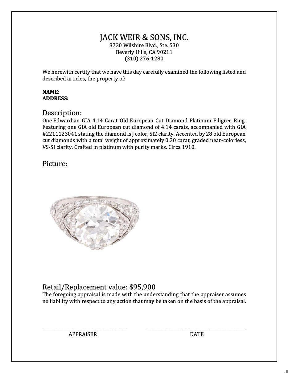 Women's Edwardian GIA 4.14 Carat Old European Cut Diamond Platinum Filigree Ring
