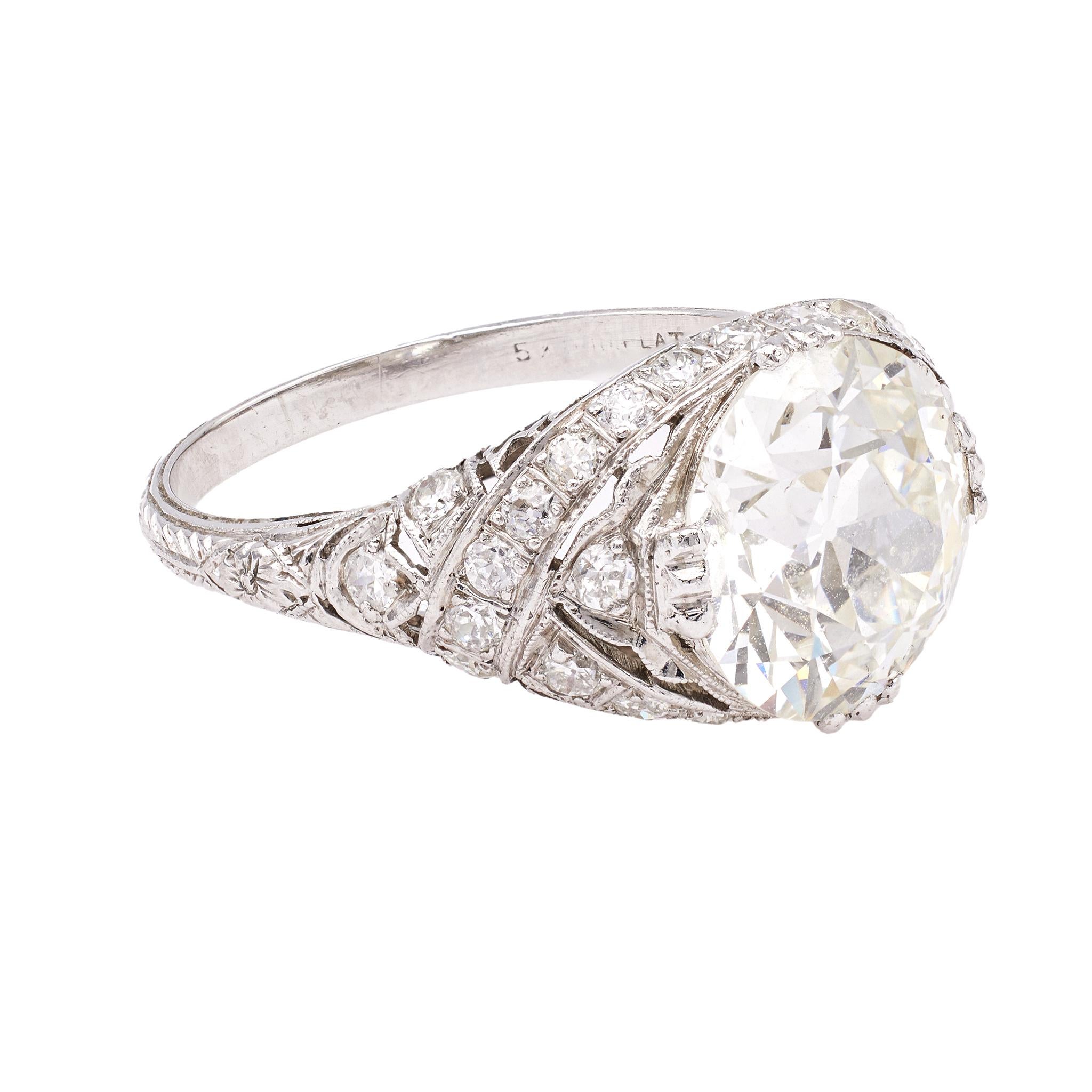 Edwardian GIA 4.14 Carat Old European Cut Diamond Platinum Filigree Ring For Sale 1