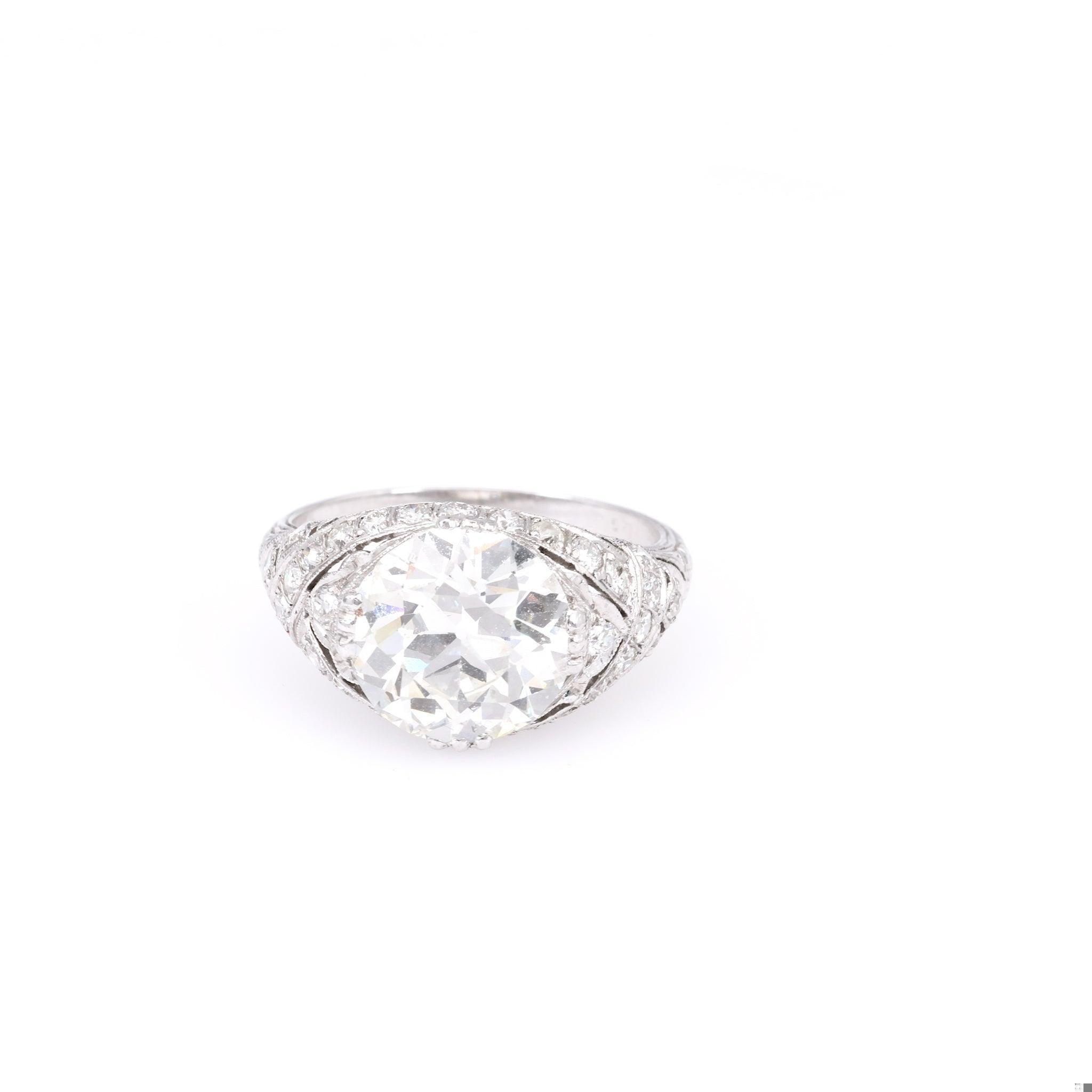 Edwardian GIA 4.14 Carat Old European Cut Diamond Platinum Filigree Ring 1