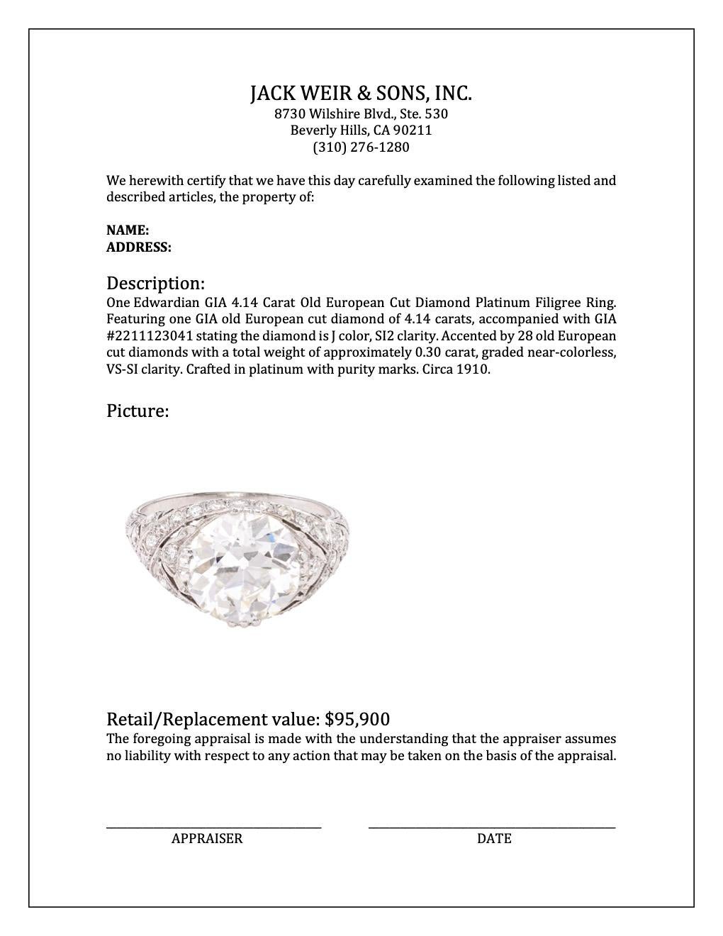 Edwardian GIA 4.14 Carat Old European Cut Diamond Platinum Filigree Ring 4