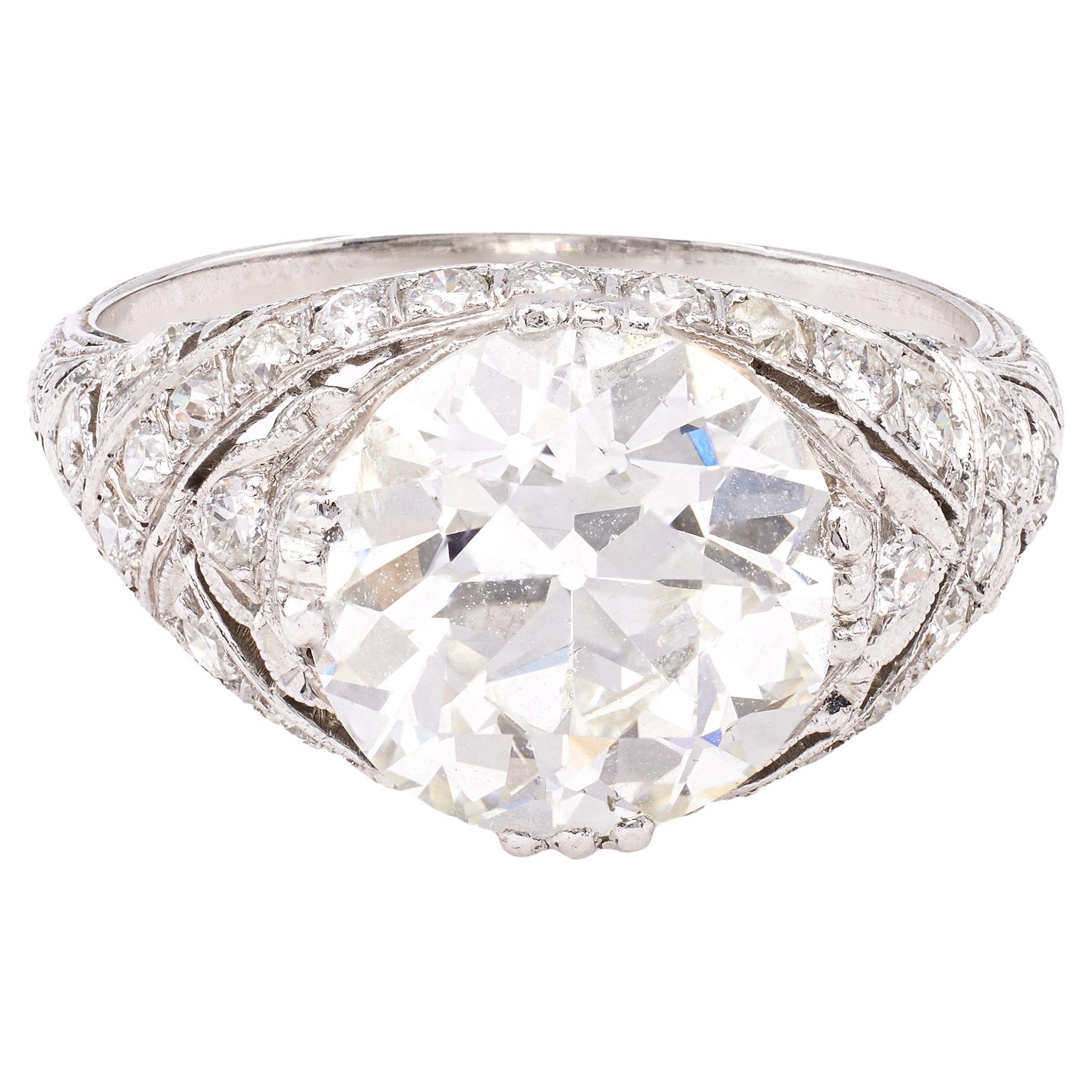 Edwardian GIA 4.14 Carat Old European Cut Diamond Platinum Filigree Ring For Sale