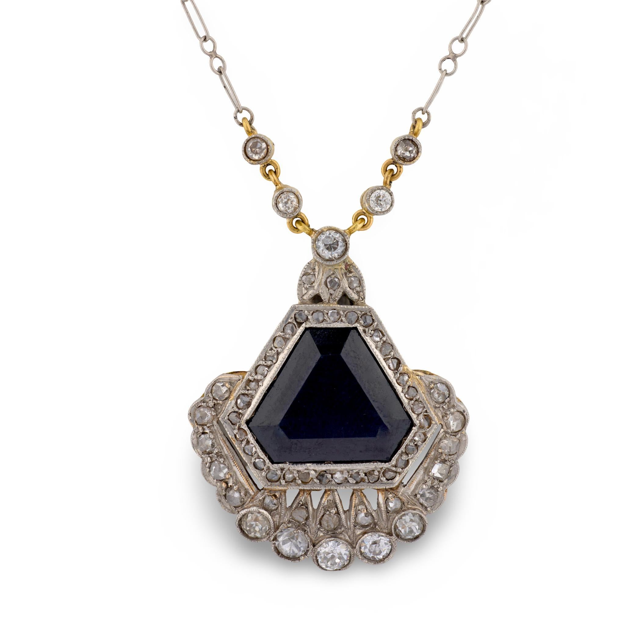 Edwardian GIA 5.00 carat sapphire diamond platinum and 18k yellow gold necklace For Sale