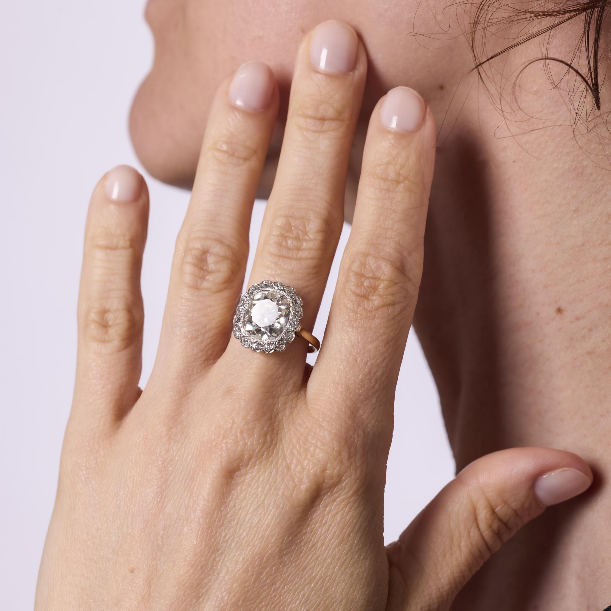 Taille vieille mine Bague de fiançailles édouardienne en or jaune 18 carats avec diamant taille ancienne de 5,04 carats certifié GIA en vente