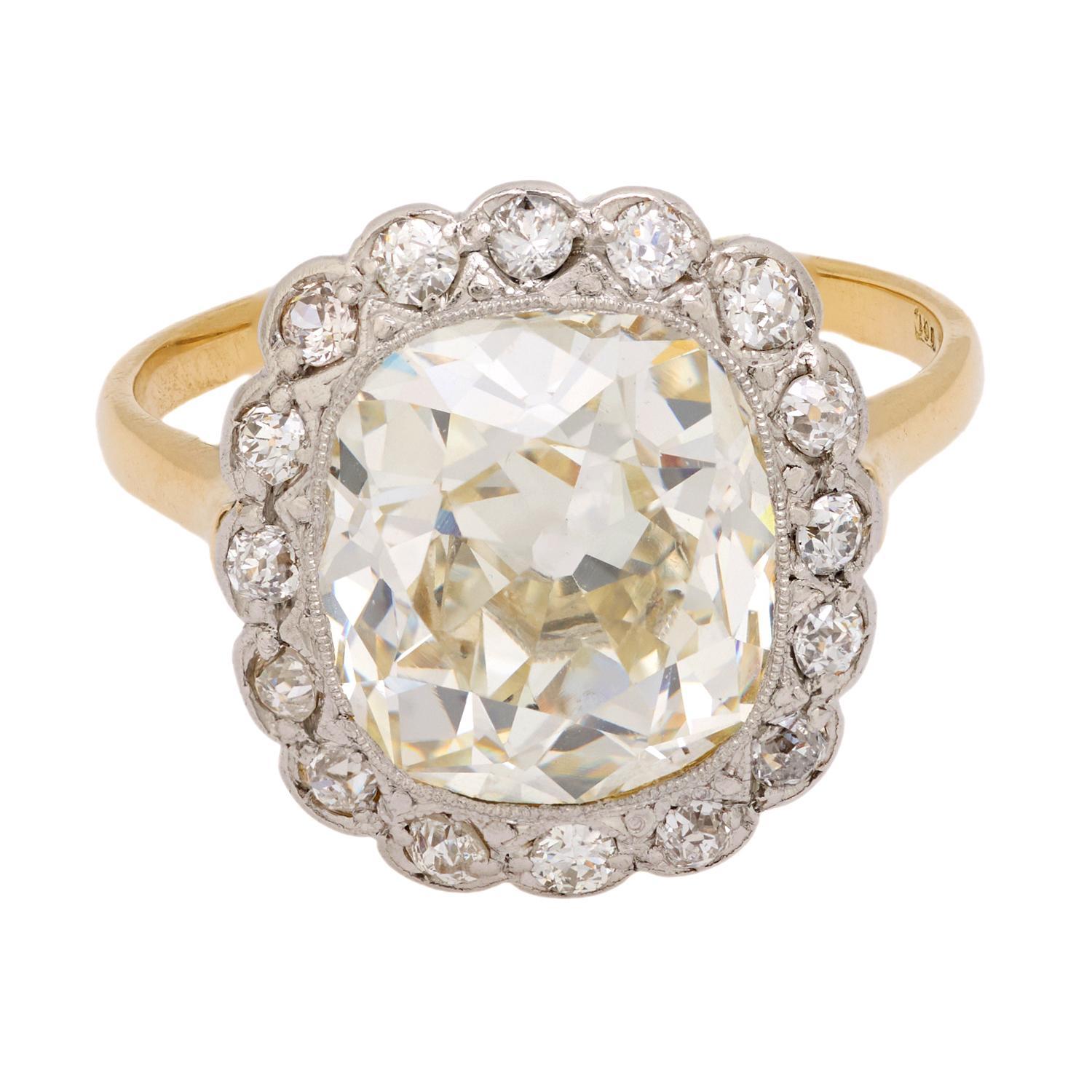 Bague de fiançailles édouardienne en or jaune 18 carats avec diamant taille ancienne de 5,04 carats certifié GIA Bon état - En vente à Beverly Hills, CA