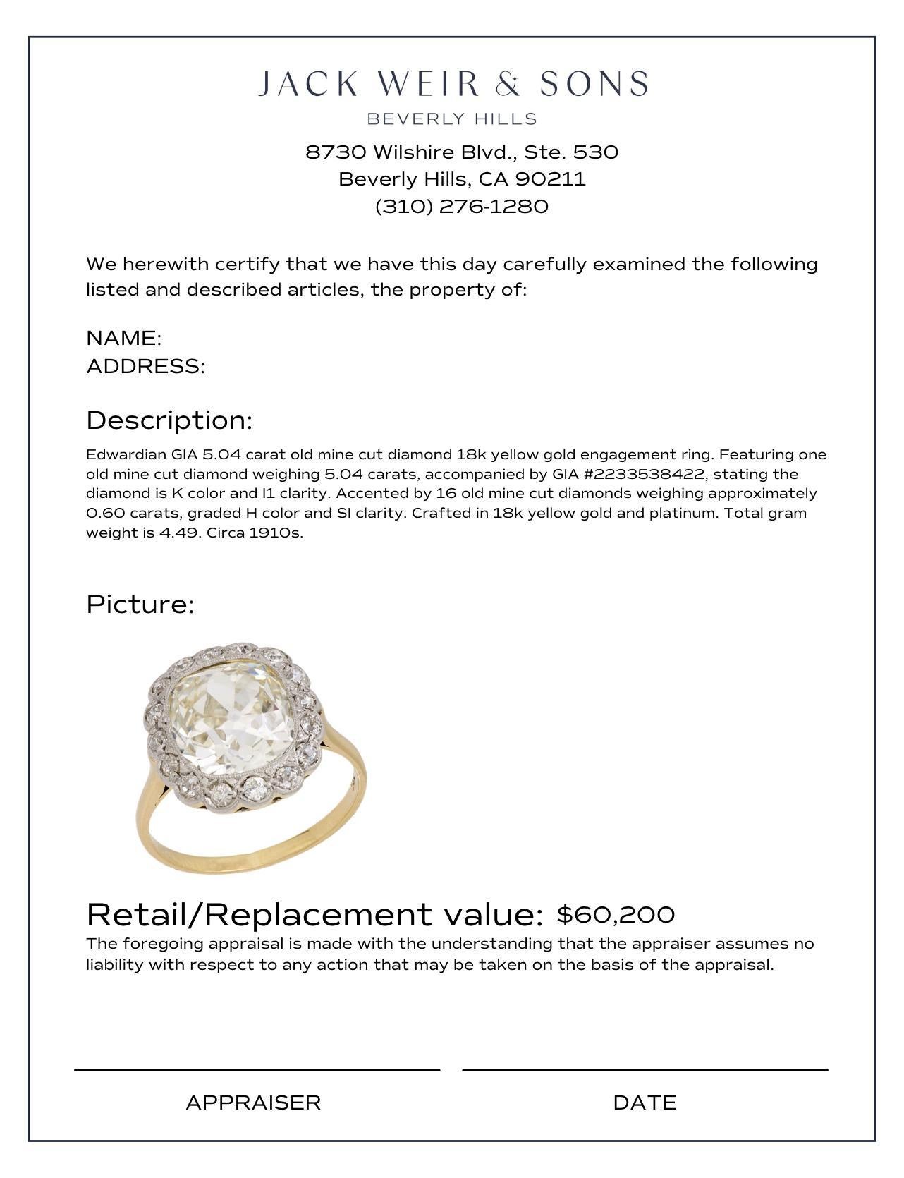 Bague de fiançailles édouardienne en or jaune 18 carats avec diamant taille ancienne de 5,04 carats certifié GIA Pour femmes en vente