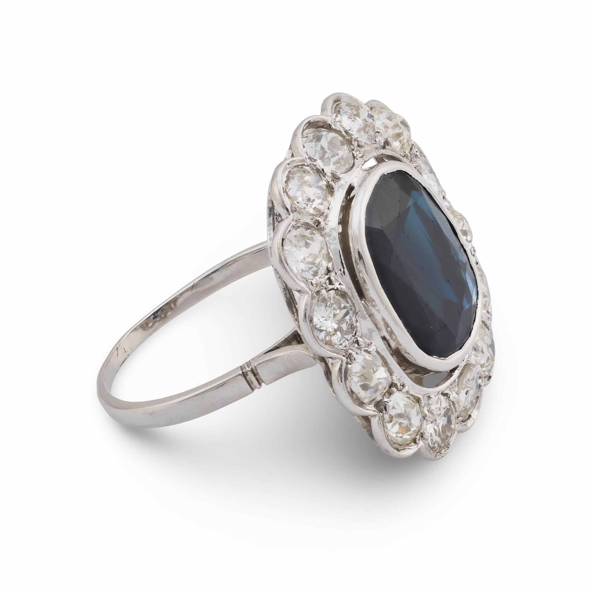 Edwardian GIA 5,25 Karat keine Hitze Saphir Diamant 18k Weißgold-Cluster-Ring Damen im Angebot